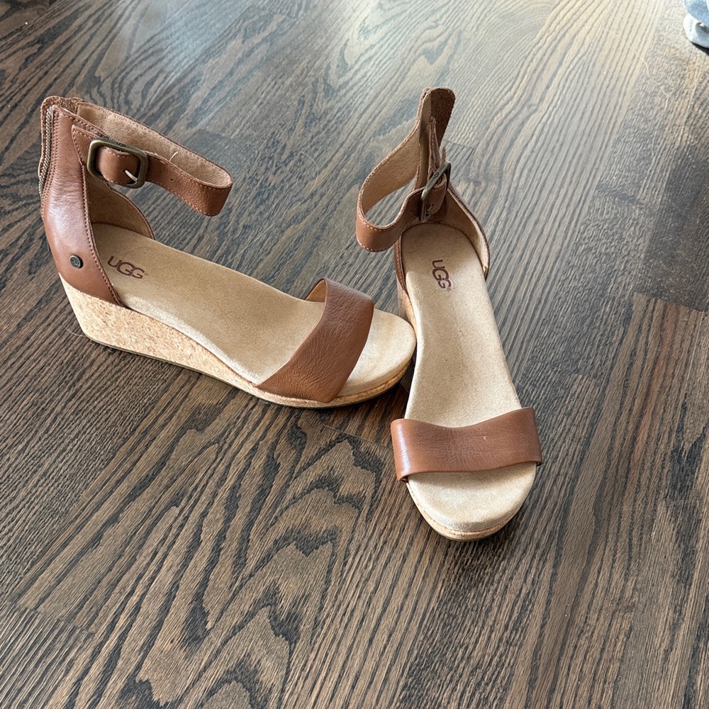 UGG Tan Leather Wedge Sandals